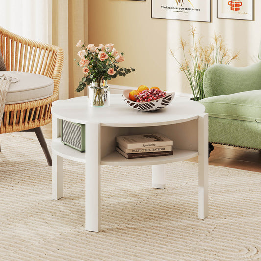 2-Tier Round Coffee Table with Storage Shelves with Faux Wooden Top-White