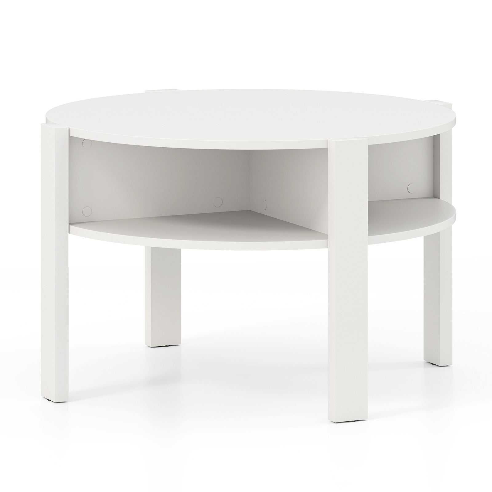 2-Tier Round Coffee Table with Storage Shelves with Faux Wooden Top-White