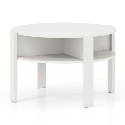 2-Tier Round Coffee Table with Storage Shelves with Faux Wooden Top-White