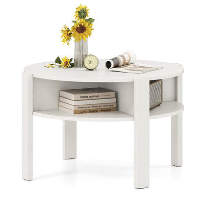2-Tier Round Coffee Table with Storage Shelves with Faux Wooden Top-White