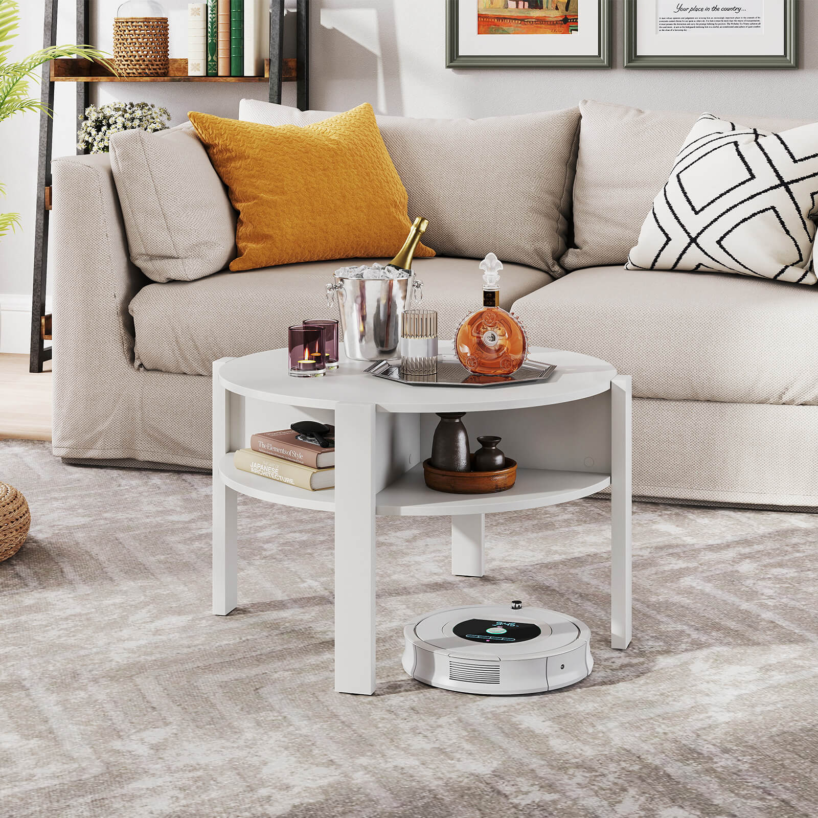 2-Tier Round Coffee Table with Storage Shelves with Faux Wooden Top-White