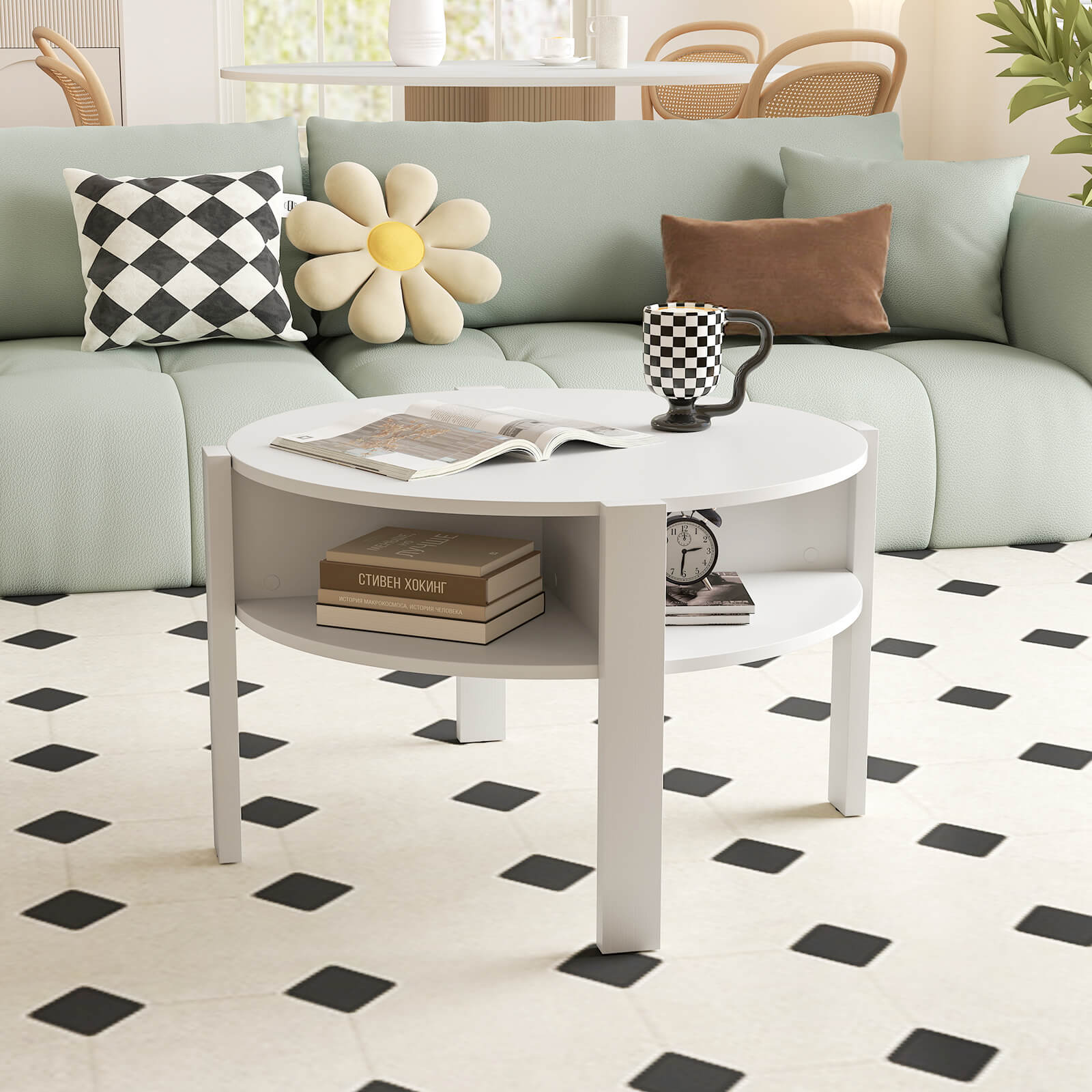 2-Tier Round Coffee Table with Storage Shelves with Faux Wooden Top-White