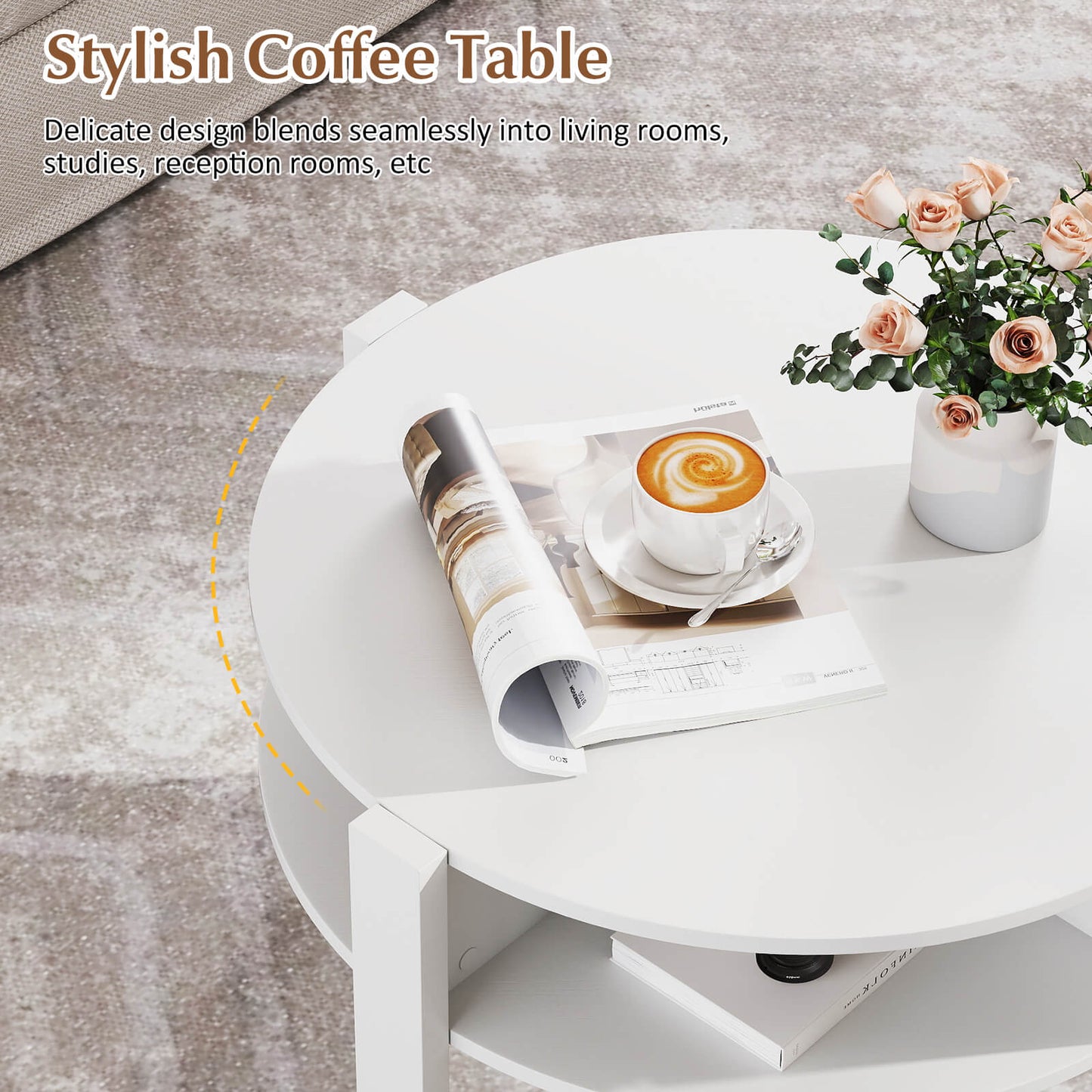2-Tier Round Coffee Table with Storage Shelves with Faux Wooden Top-White