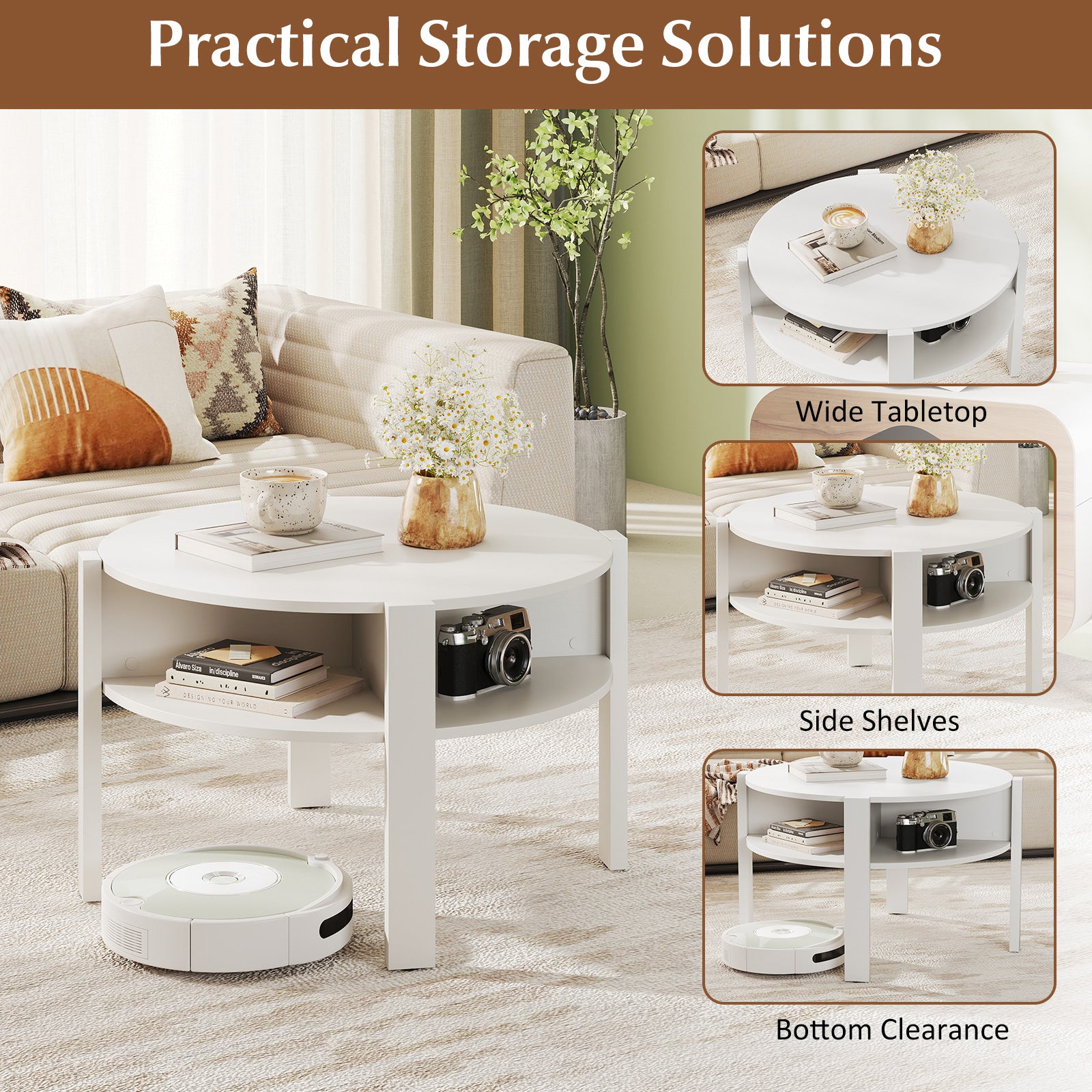 2-Tier Round Coffee Table with Storage Shelves with Faux Wooden Top-White