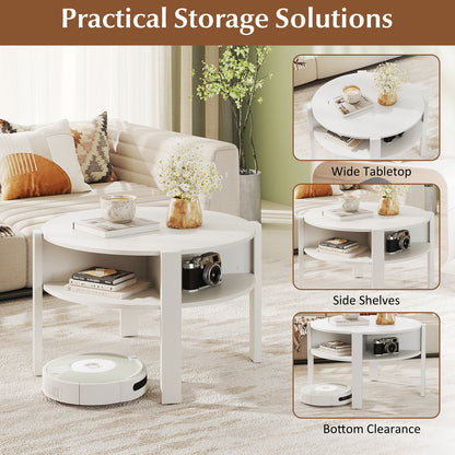 2-Tier Round Coffee Table with Storage Shelves with Faux Wooden Top-White