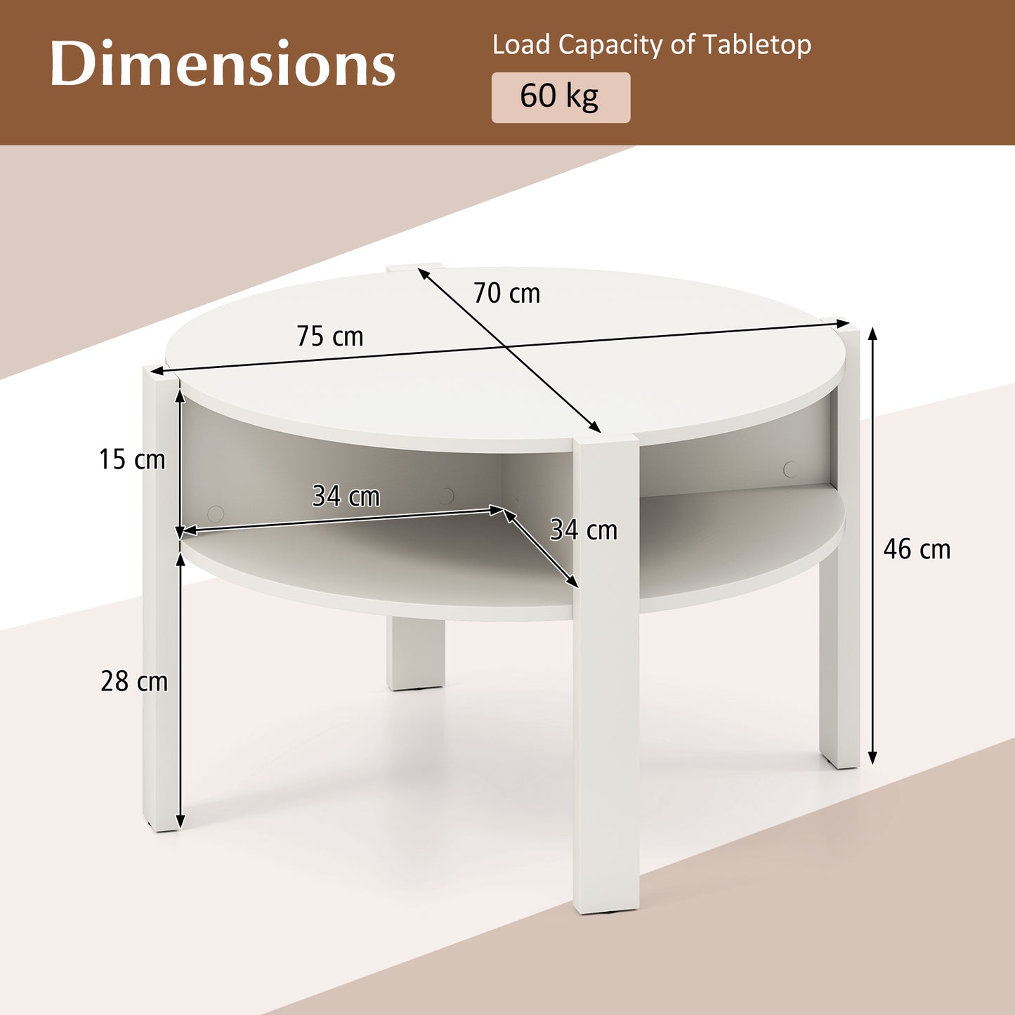 2-Tier Round Coffee Table with Storage Shelves with Faux Wooden Top-White