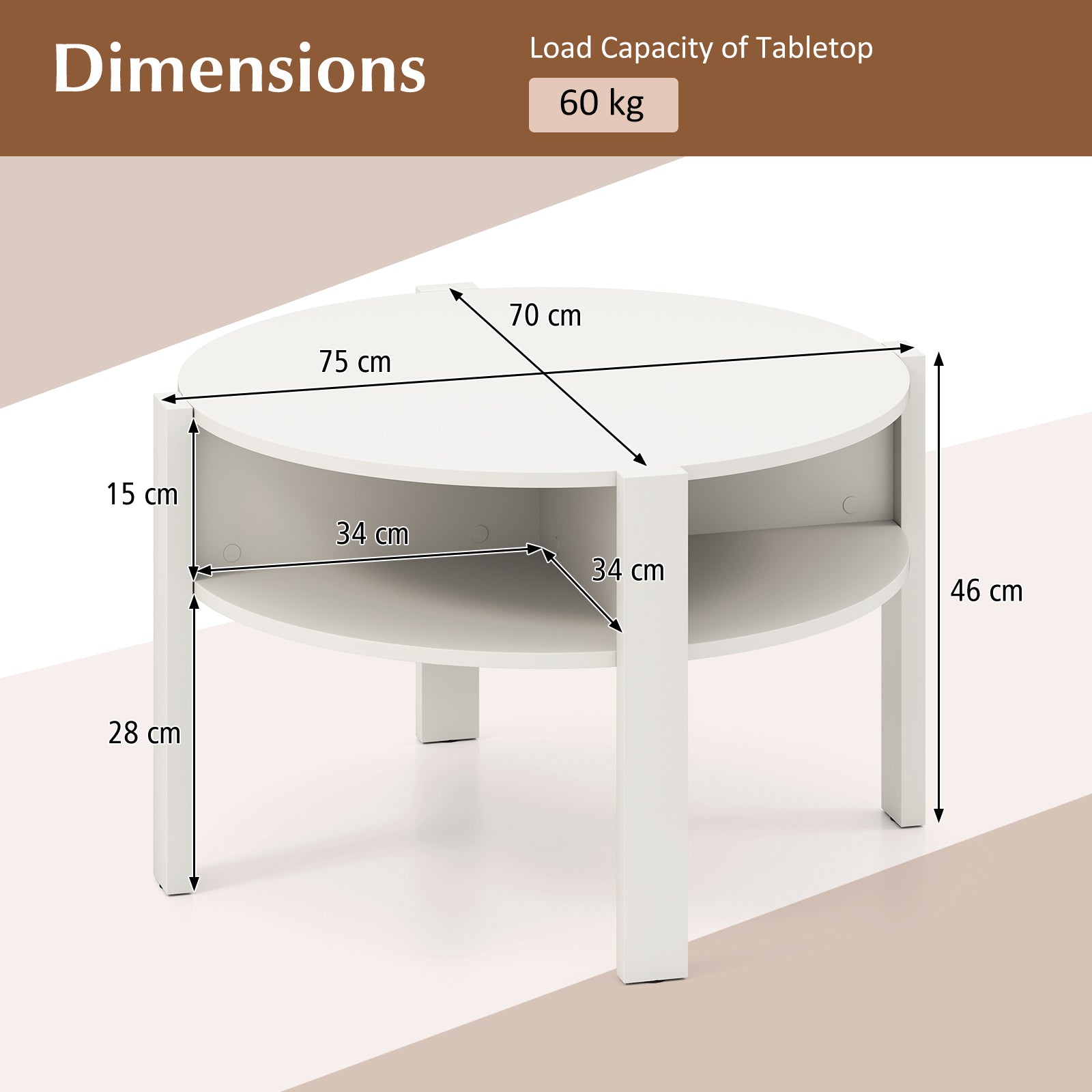2-Tier Round Coffee Table with Storage Shelves with Faux Wooden Top-White