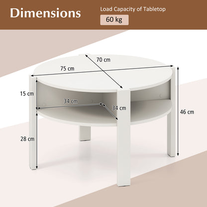 2-Tier Round Coffee Table with Storage Shelves with Faux Wooden Top-White