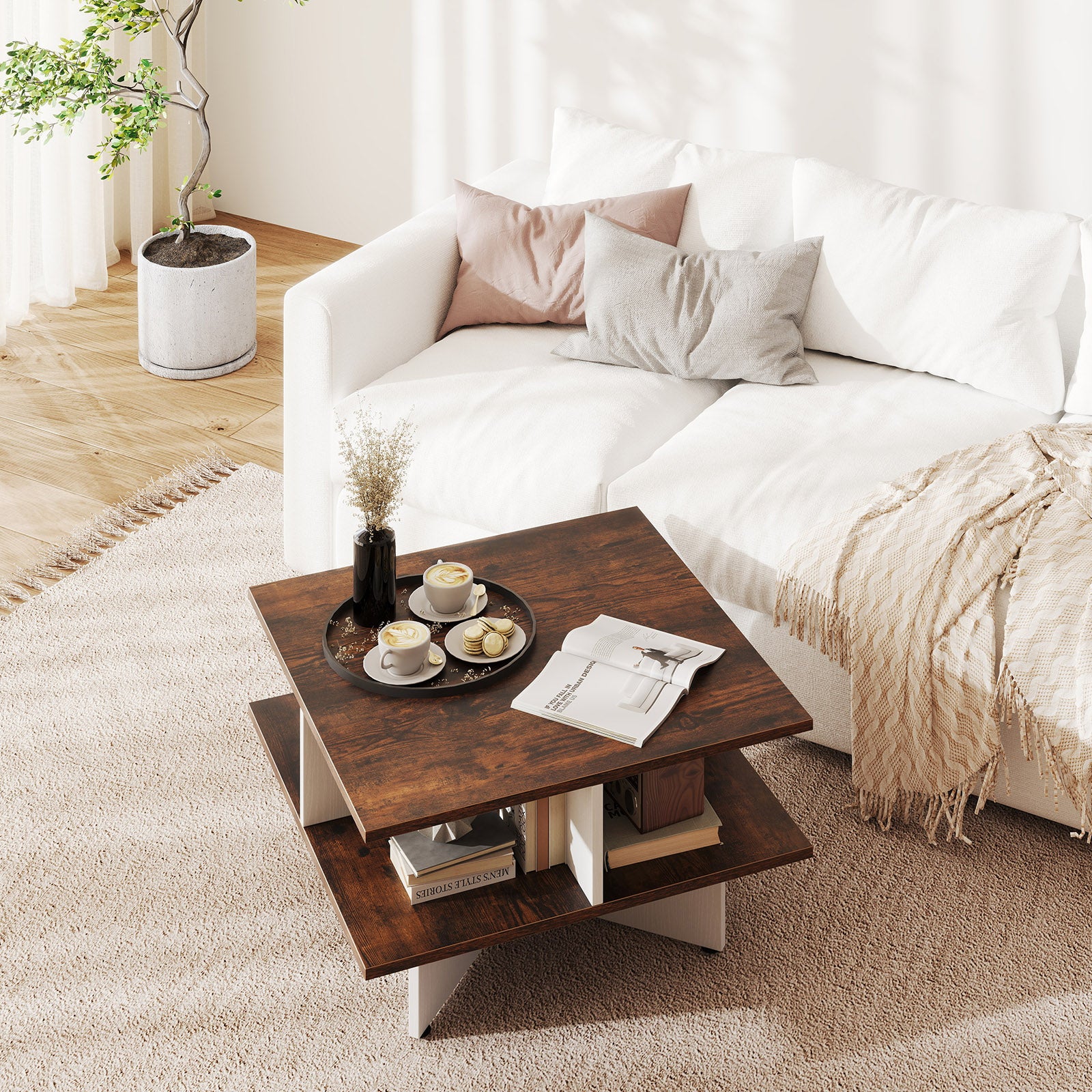 2-Tier Square Coffee Table with 4 Storage Compartments-Rustic Brown