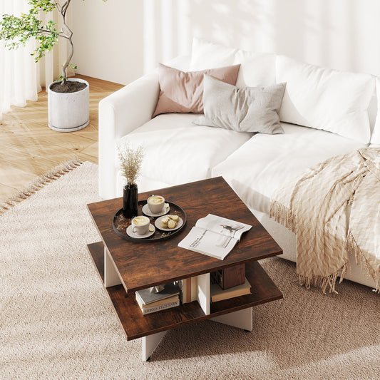 2-Tier Square Coffee Table with 4 Storage Compartments-Rustic Brown