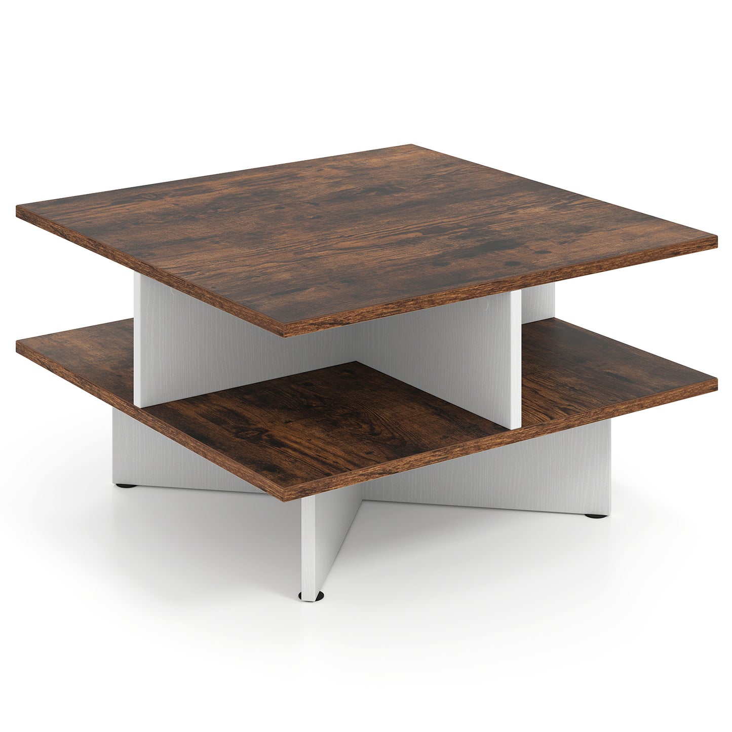 2-Tier Square Coffee Table with 4 Storage Compartments-Rustic Brown