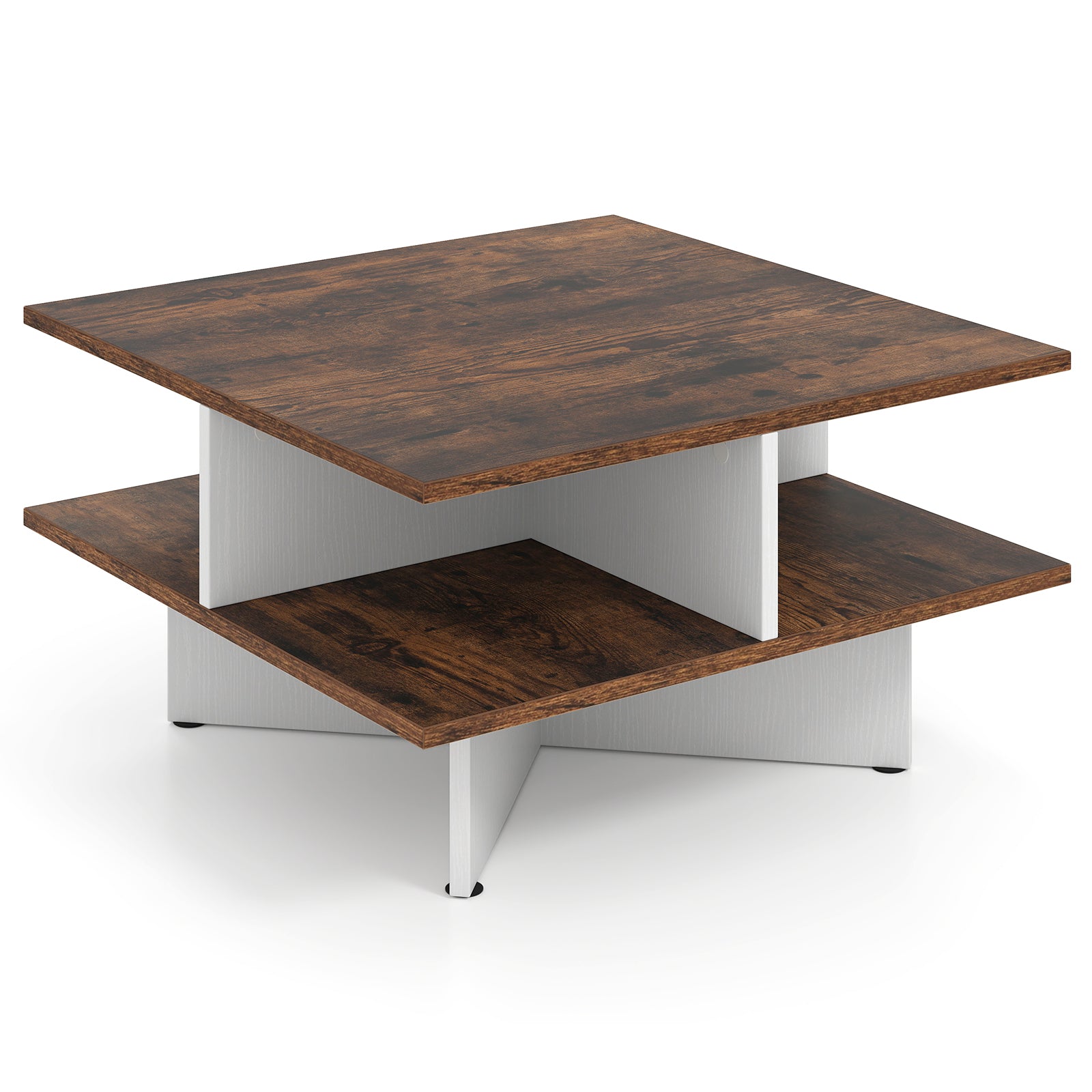 2-Tier Square Coffee Table with 4 Storage Compartments-Rustic Brown