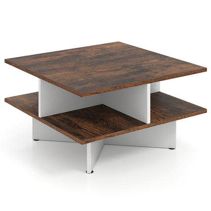 2-Tier Square Coffee Table with 4 Storage Compartments-Rustic Brown