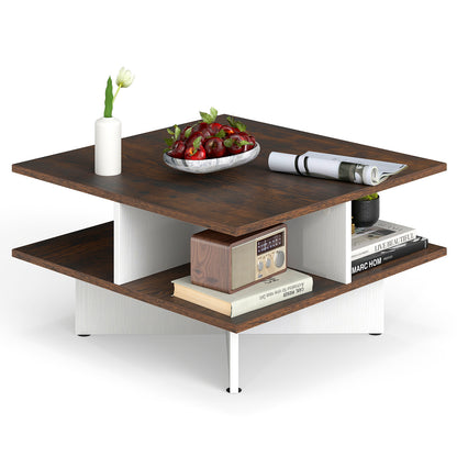 2-Tier Square Coffee Table with 4 Storage Compartments-Rustic Brown