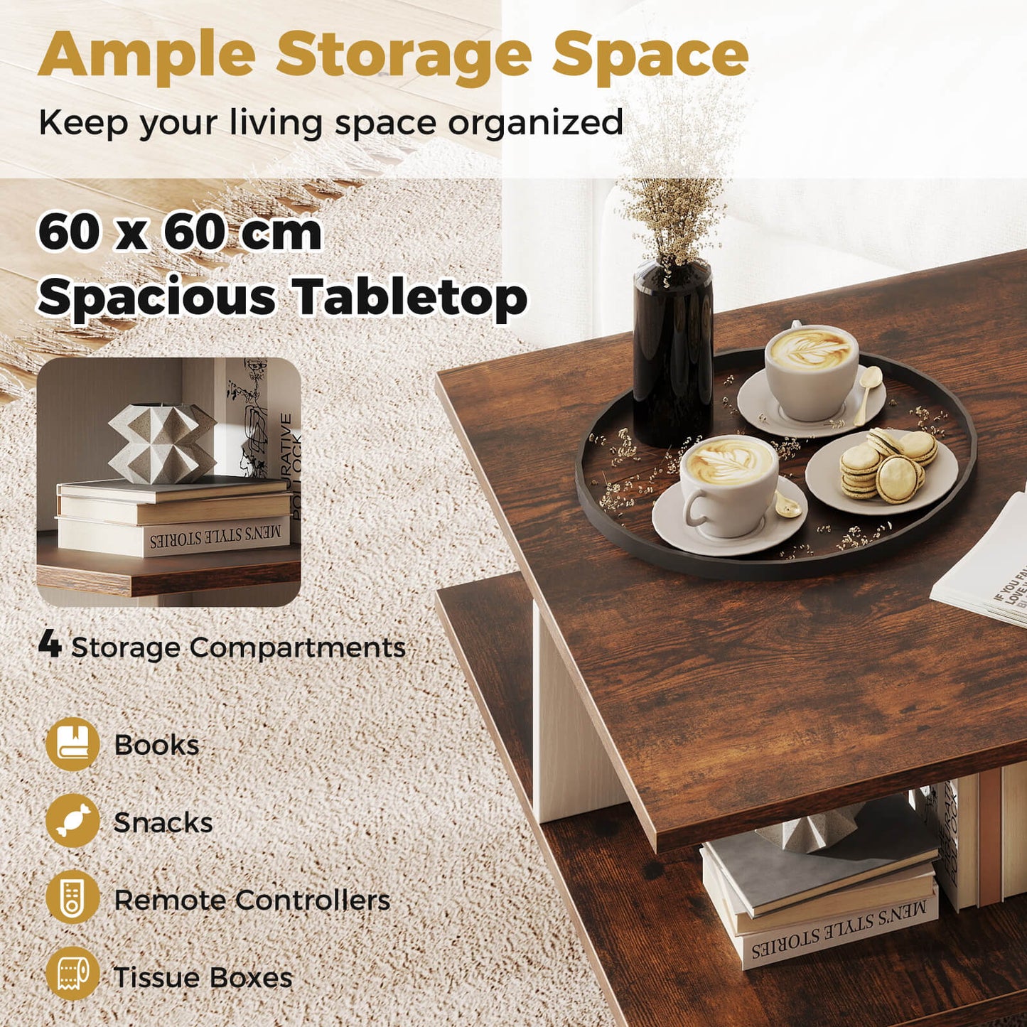 2-Tier Square Coffee Table with 4 Storage Compartments-Rustic Brown