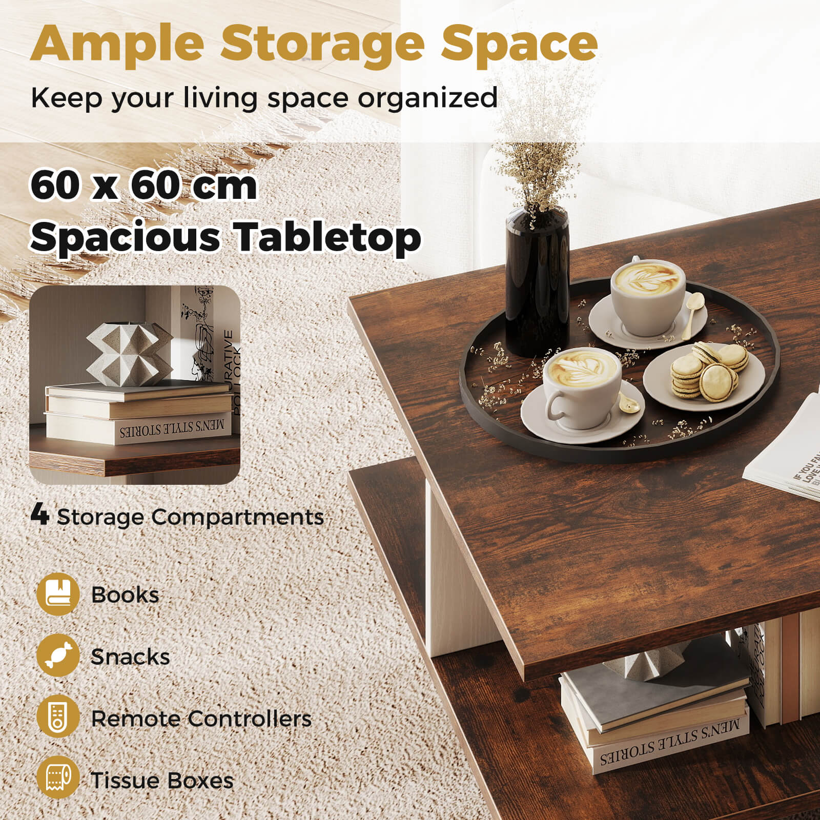 2-Tier Square Coffee Table with 4 Storage Compartments-Rustic Brown
