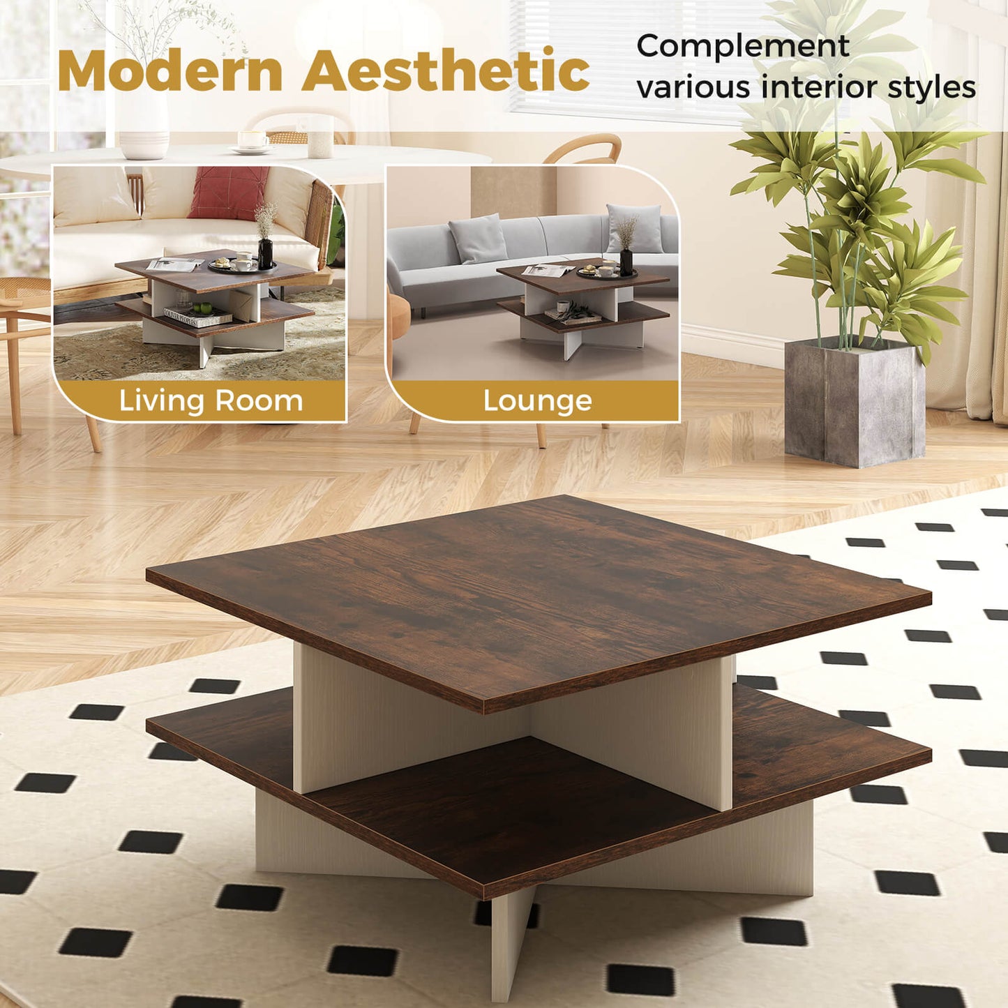 2-Tier Square Coffee Table with 4 Storage Compartments-Rustic Brown