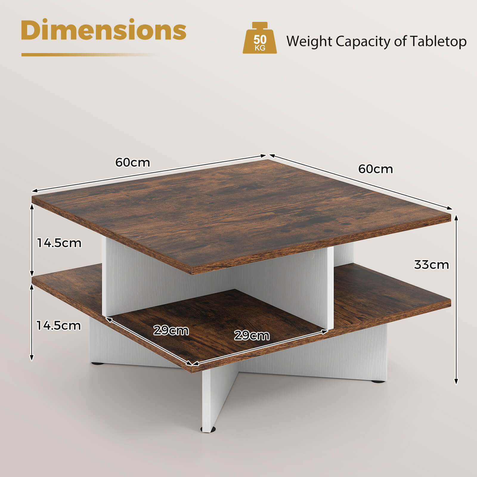 2-Tier Square Coffee Table with 4 Storage Compartments-Rustic Brown