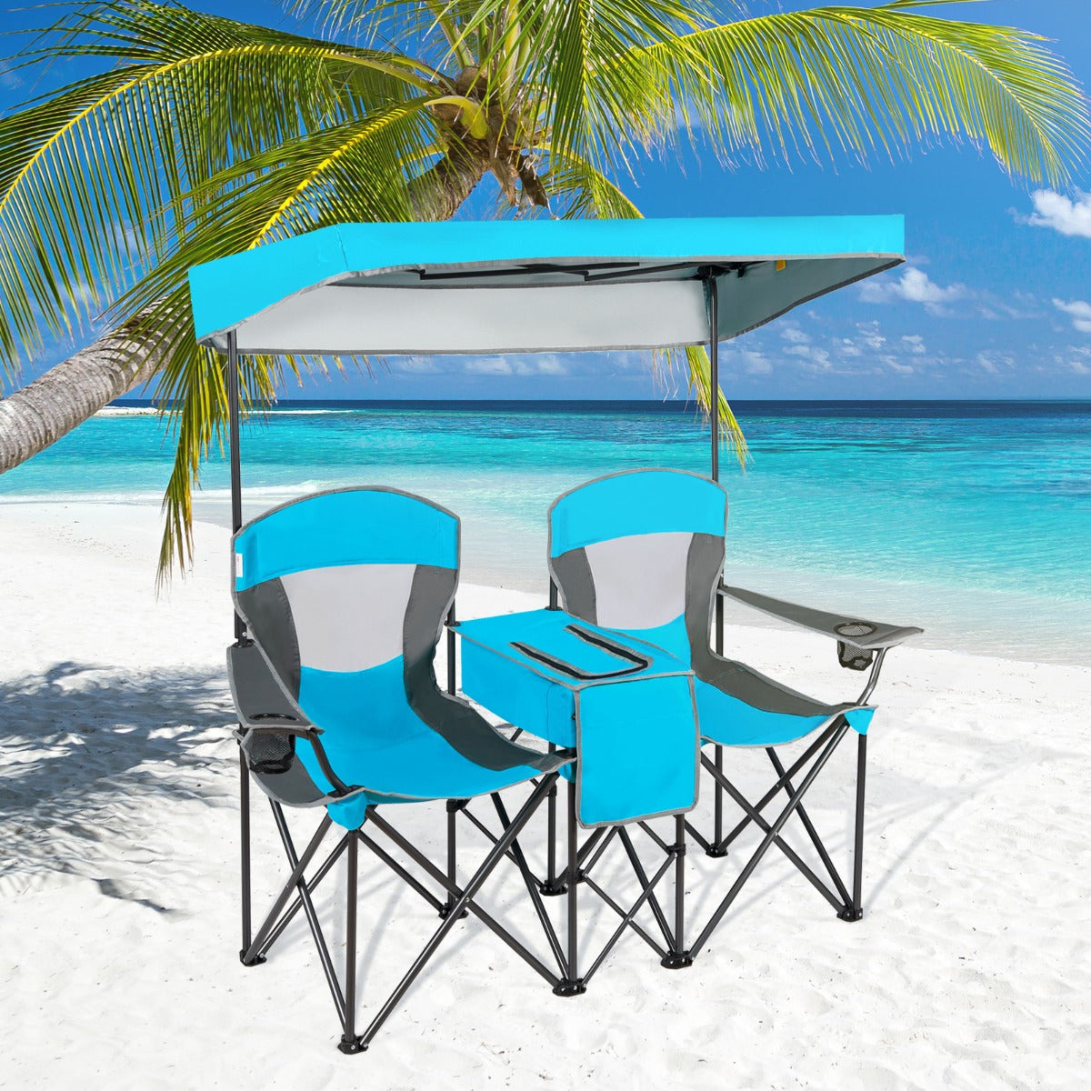 Double Folding Camping Chair with Canopy and Armrests-Blue