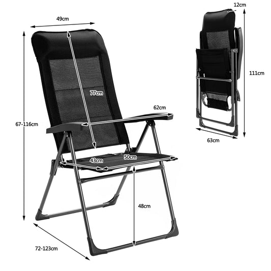Two portable patio dining chairs with iron frames, breathable nylon fabric, and seven adjustable backrest positions