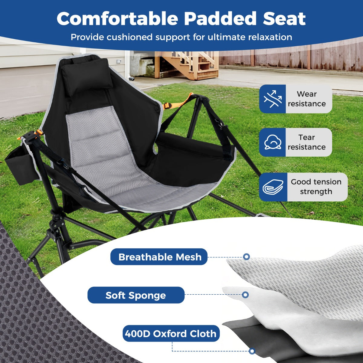 Oversized Hammock Camping Chair with Footrest and Cup Holder-Black