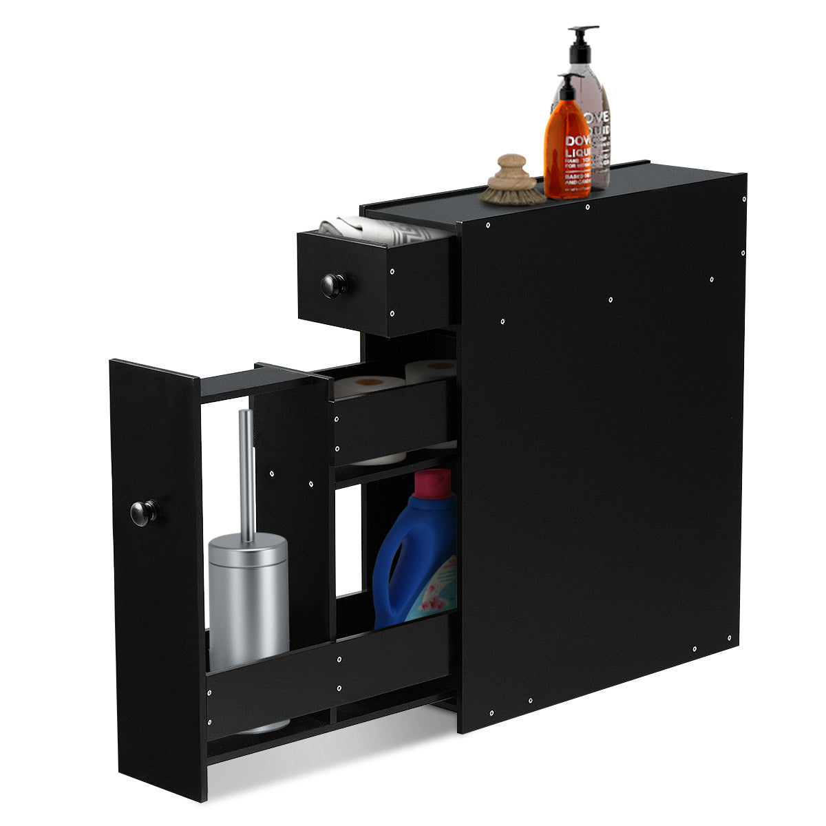 Freestanding  Slim Bathroom Storage Cabinet with Slide-out Drawers for Small/ Narrow Bathroom-Black