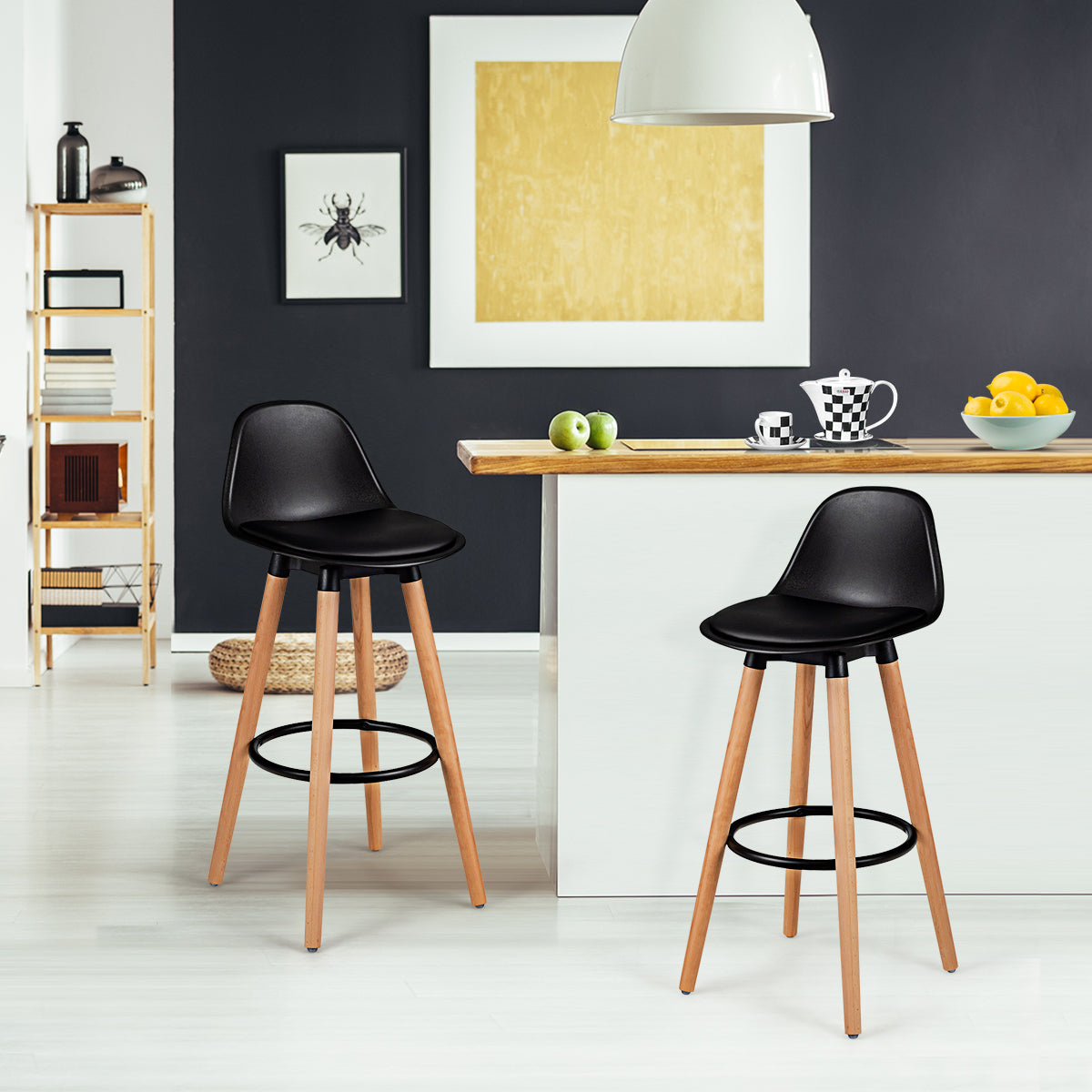 2Pcs PU Leather Bar Stools with Round Metal Footrest-Black