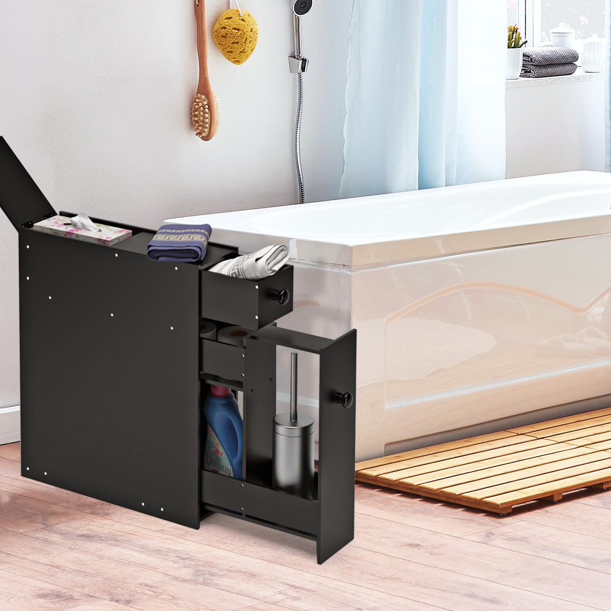 Freestanding  Slim Bathroom Storage Cabinet with Slide-out Drawers for Small/ Narrow Bathroom-Black