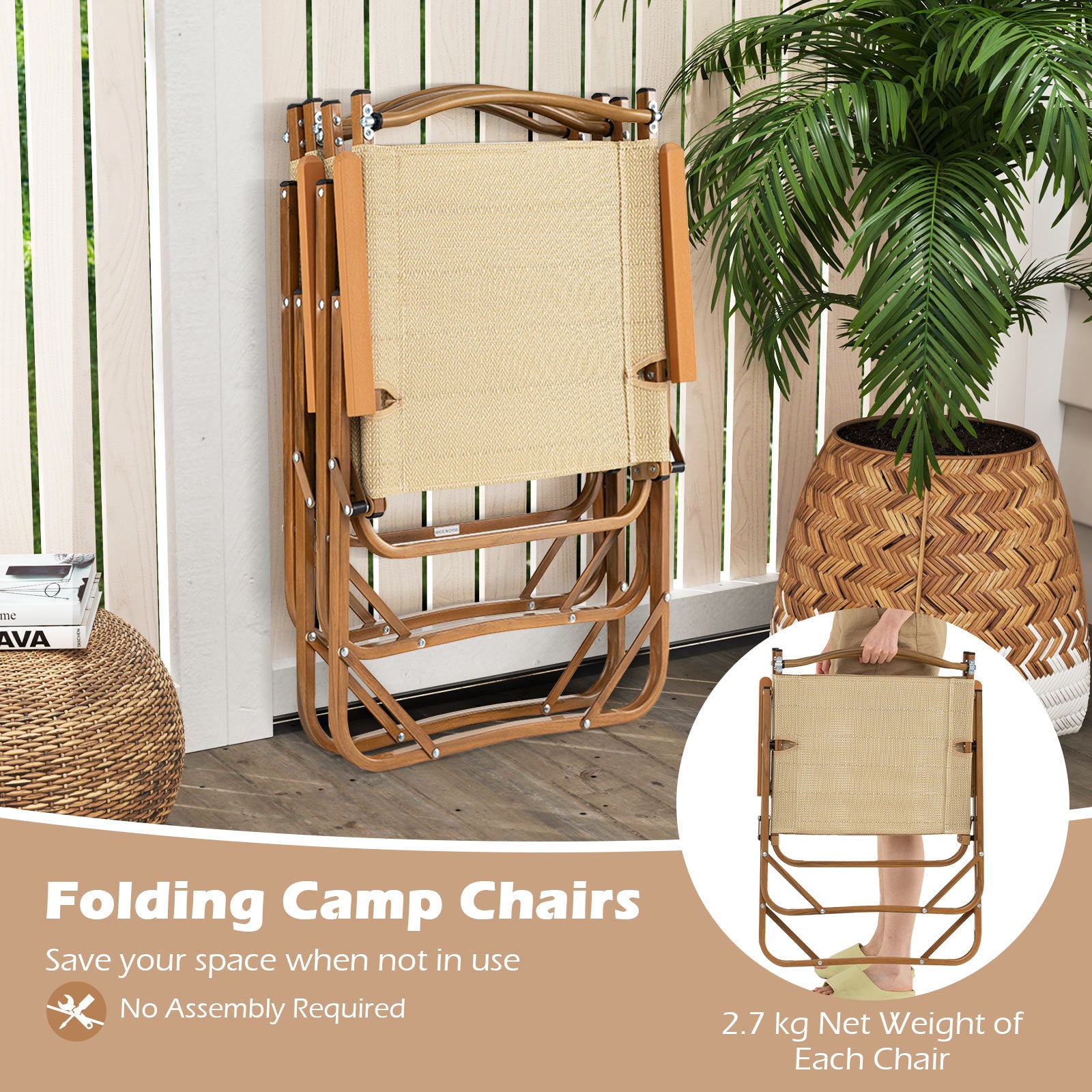 Set of 2 Folding Camp Chairs Lightweight Portable with Armrests-Beige