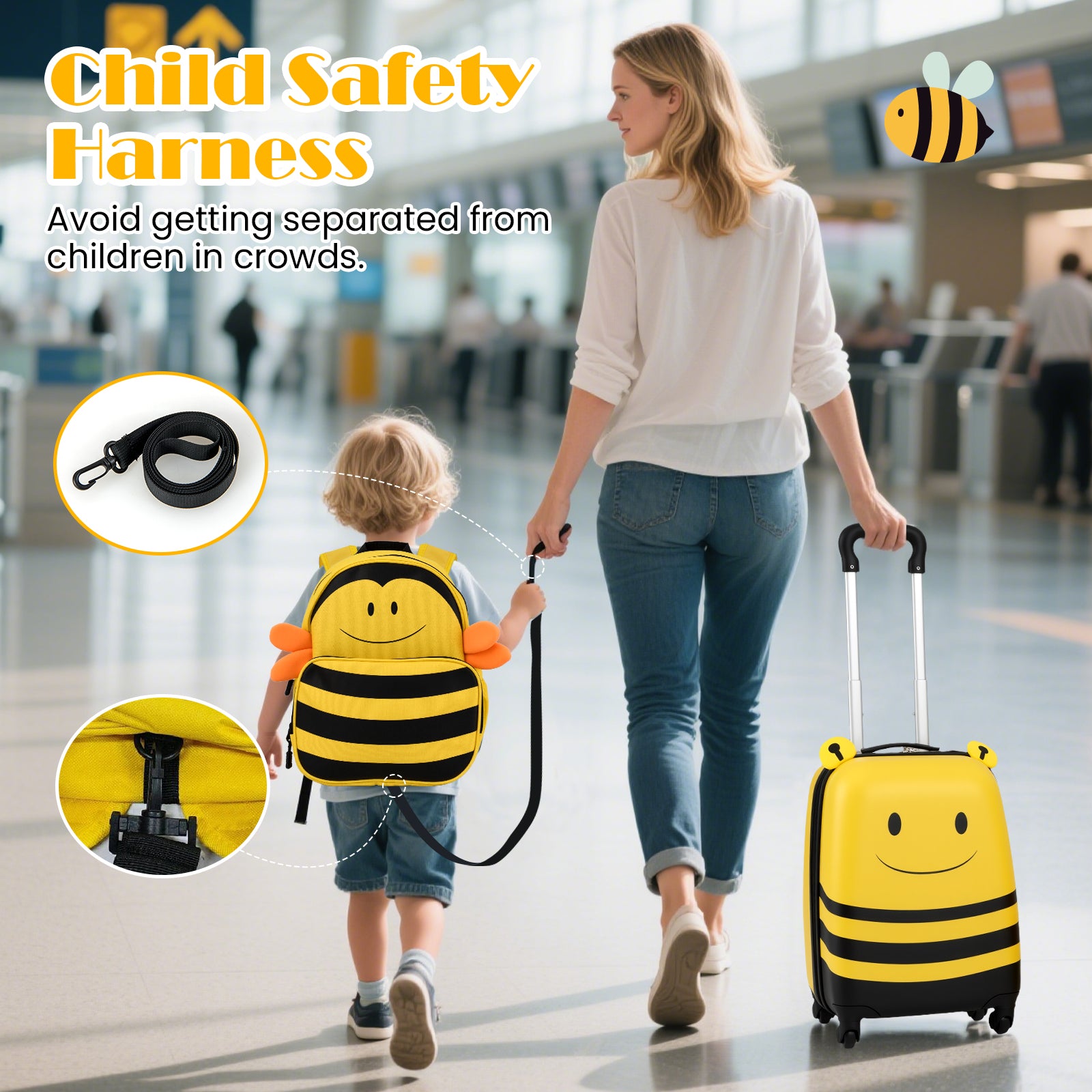 2 PCS Kids Luggage Set on Wheels with Anti-Lose Rope for Kids-Yellow