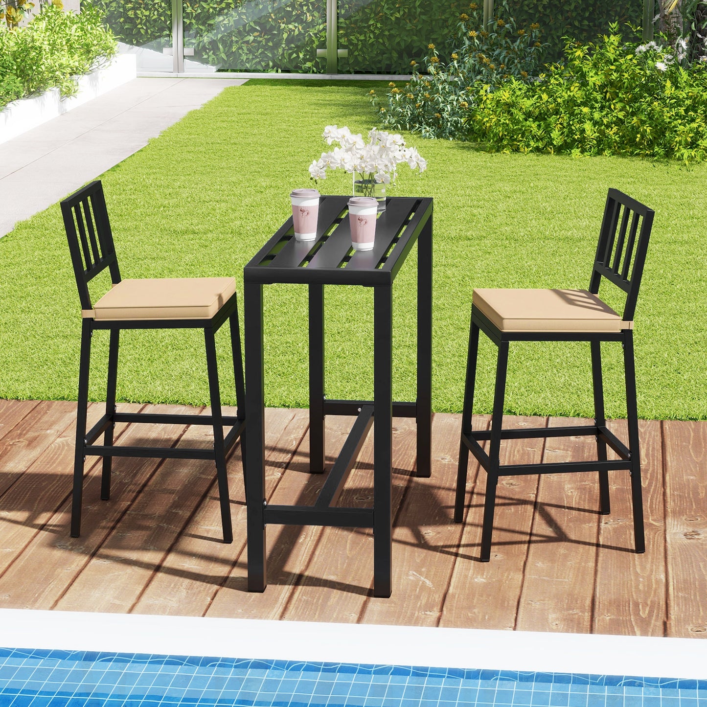 2 PCS Patio Bar Chairs Set of 2 with Detachable Cushion and Footrest-Black-2 pieces