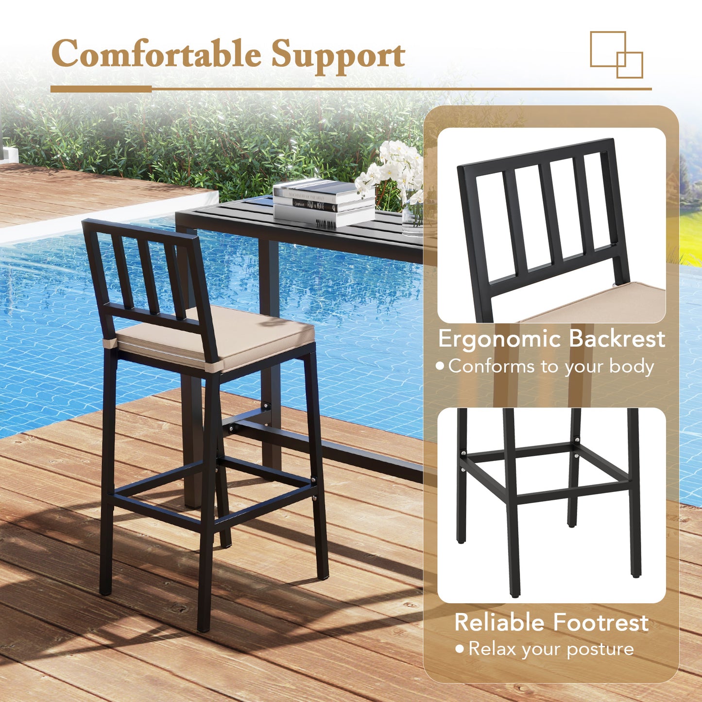 2 PCS Patio Bar Chairs Set of 2 with Detachable Cushion and Footrest-Black-2 pieces