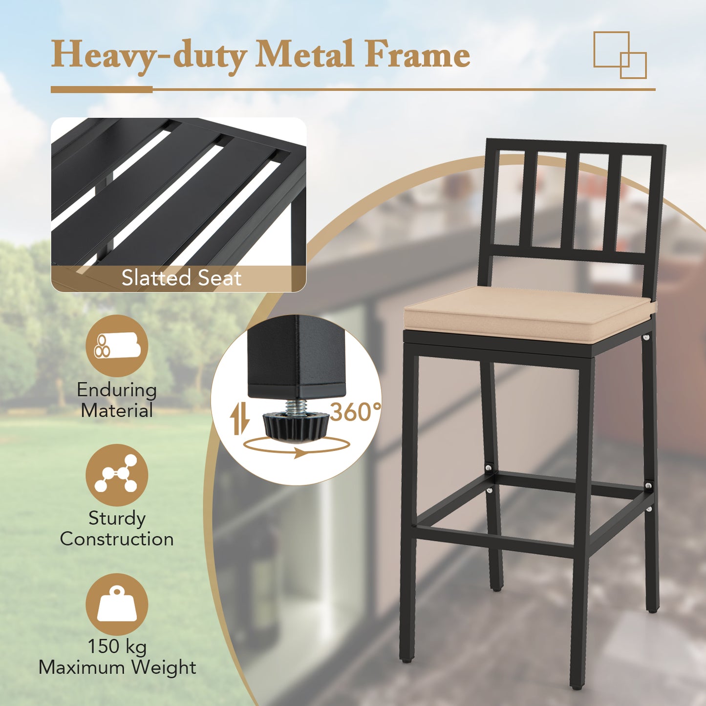 2 PCS Patio Bar Chairs Set of 2 with Detachable Cushion and Footrest-Black-2 pieces
