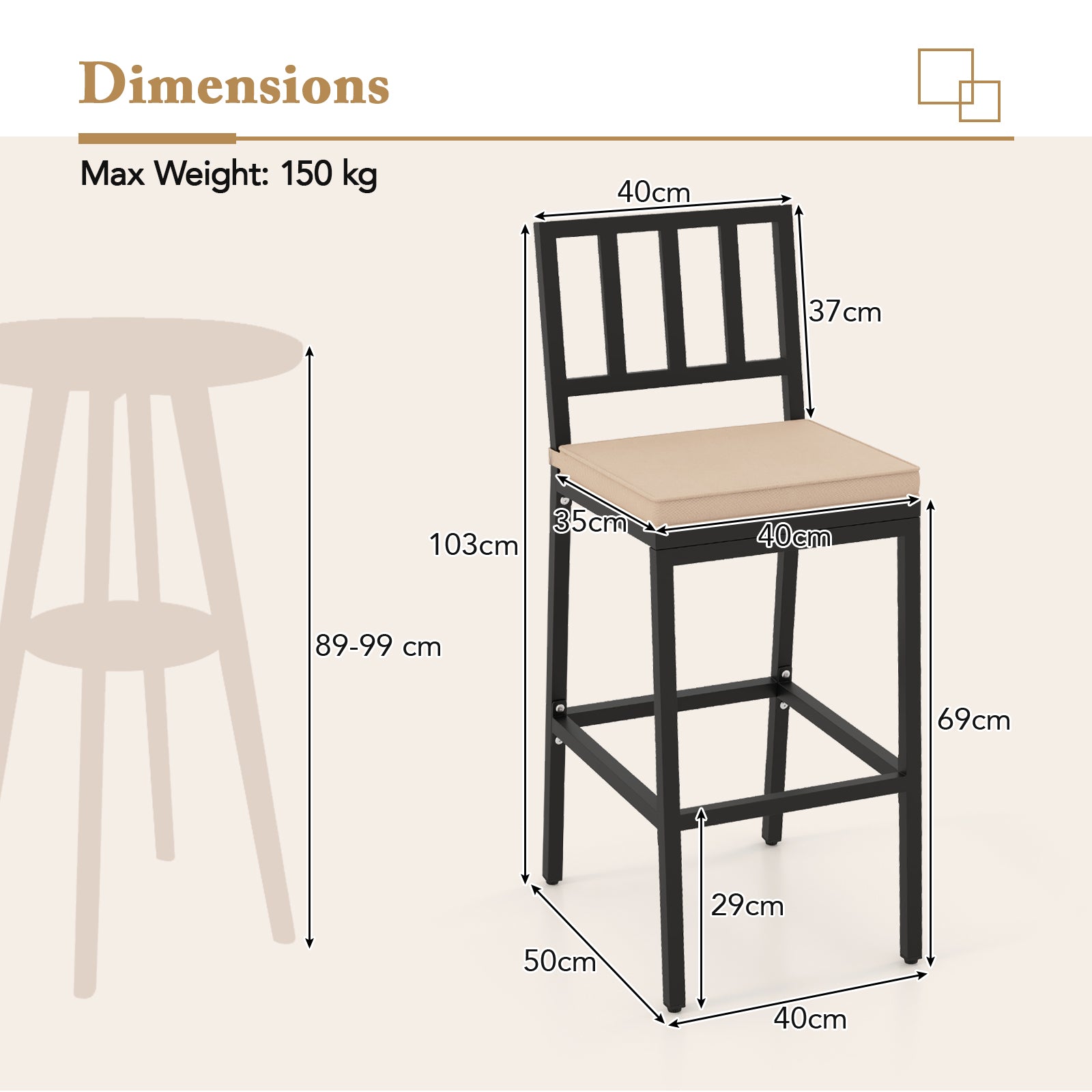 2 PCS Patio Bar Chairs Set of 2 with Detachable Cushion and Footrest-Black-2 pieces