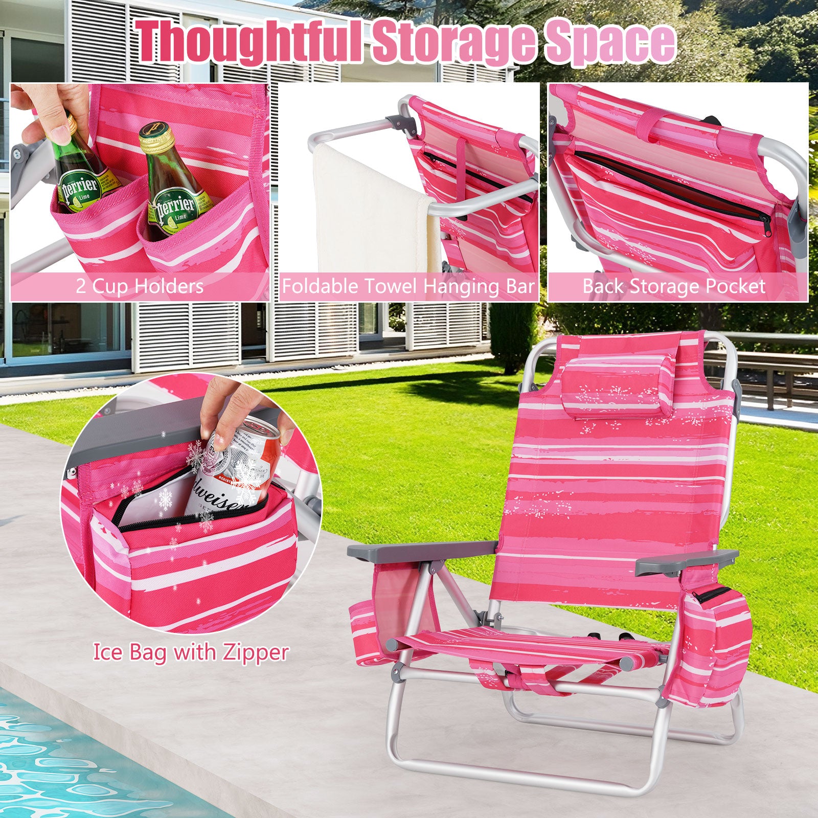2-Pack Folding Backpack 5-Position Beach Chair with Pillow for Outdoor-Pink