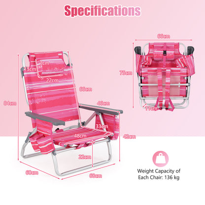 2-Pack Folding Backpack 5-Position Beach Chair with Pillow for Outdoor-Pink