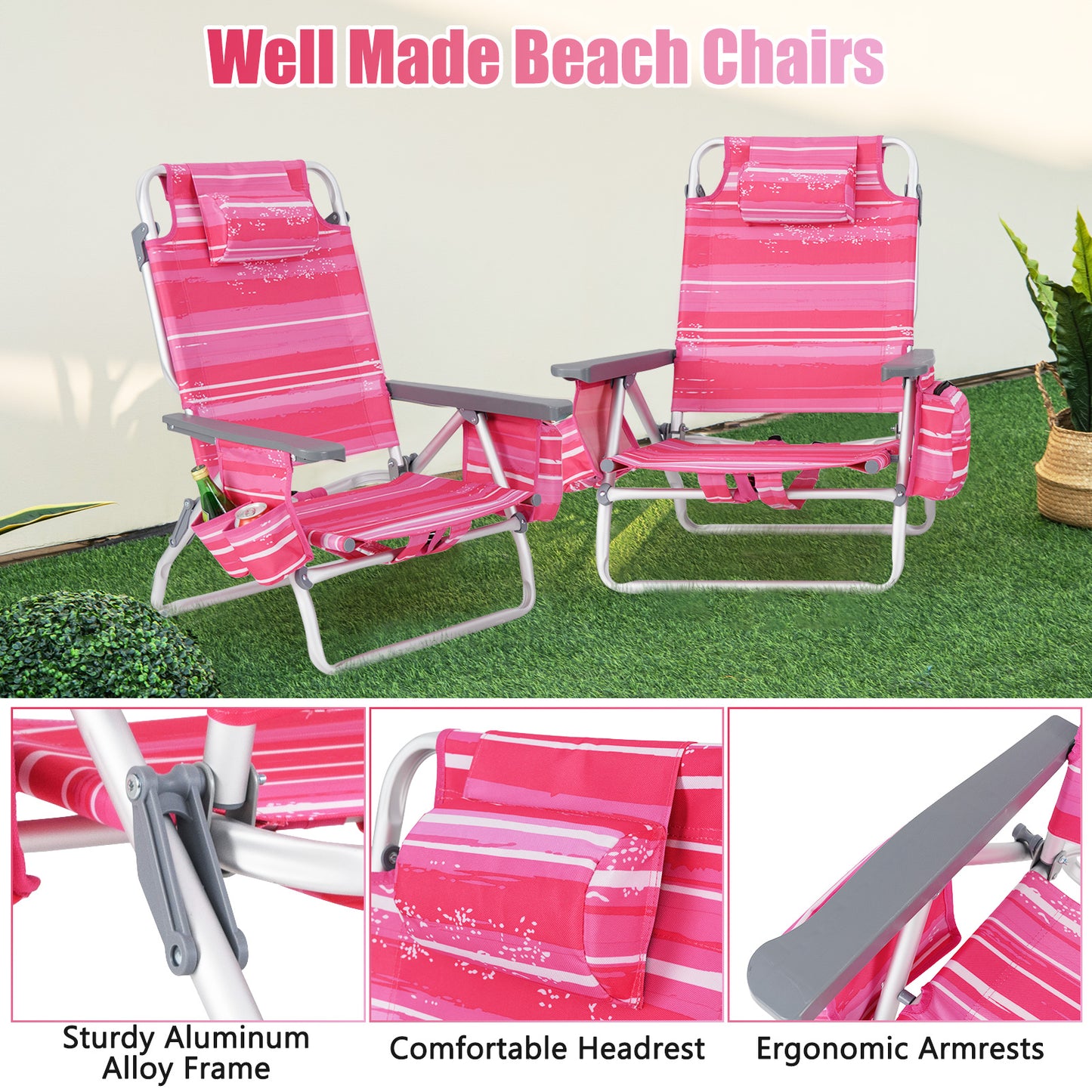 2-Pack Folding Backpack 5-Position Beach Chair with Pillow for Outdoor-Pink