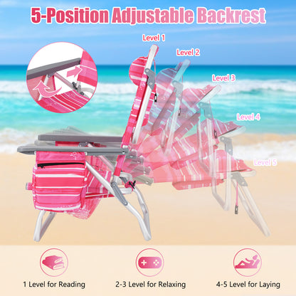 2-Pack Folding Backpack 5-Position Beach Chair with Pillow for Outdoor-Pink