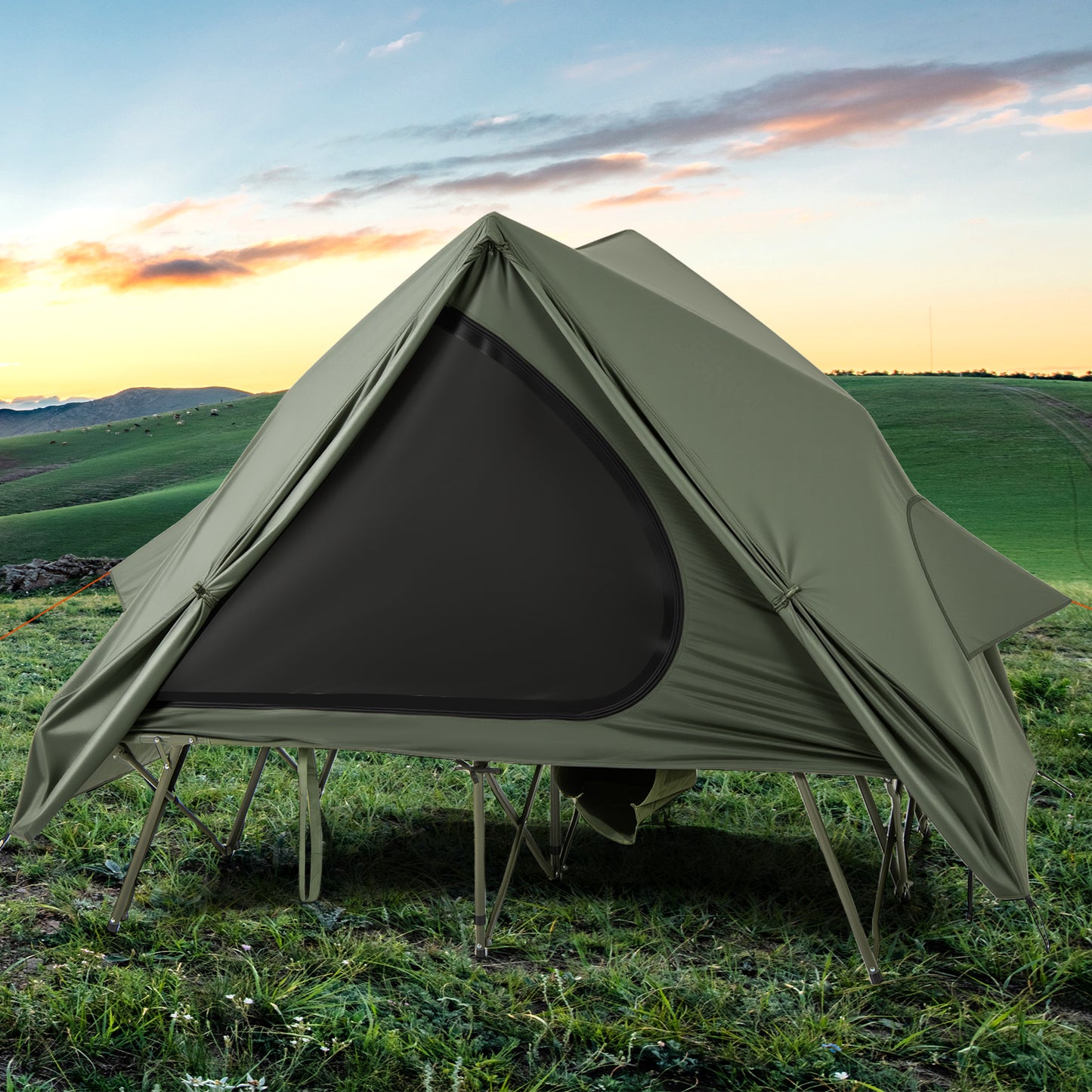 2-Person Camping Cot Tent for Adults with Pop-up Tent Shelter-Green