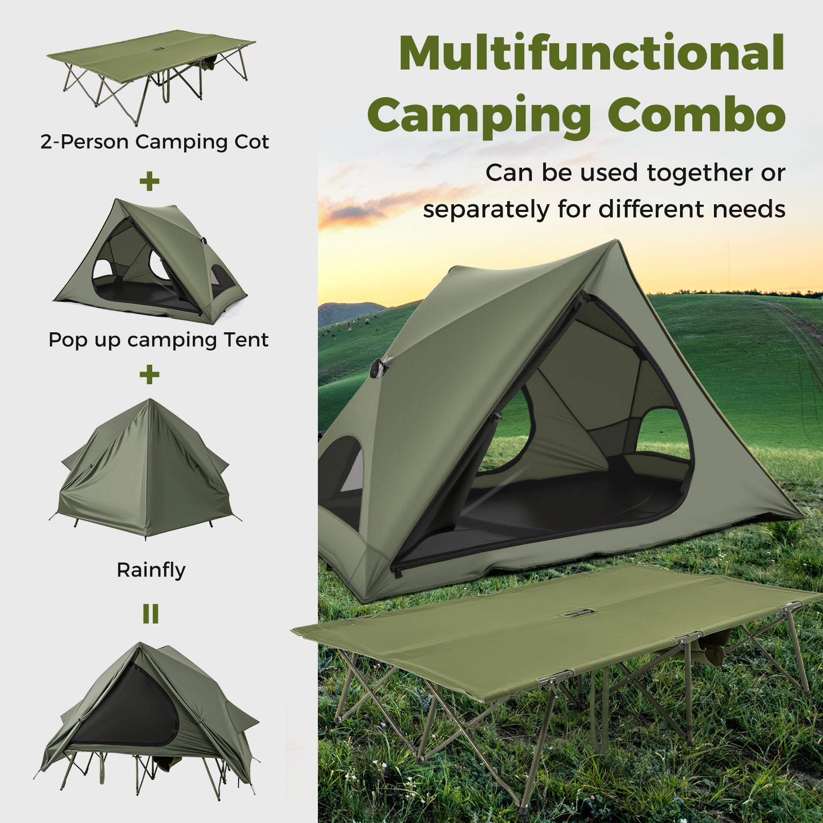2-Person Camping Cot Tent for Adults with Pop-up Tent Shelter-Green