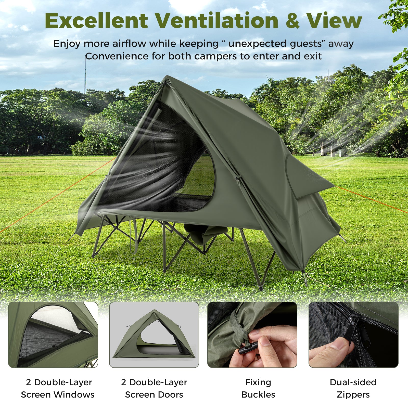 2-Person Camping Cot Tent for Adults with Pop-up Tent Shelter-Green