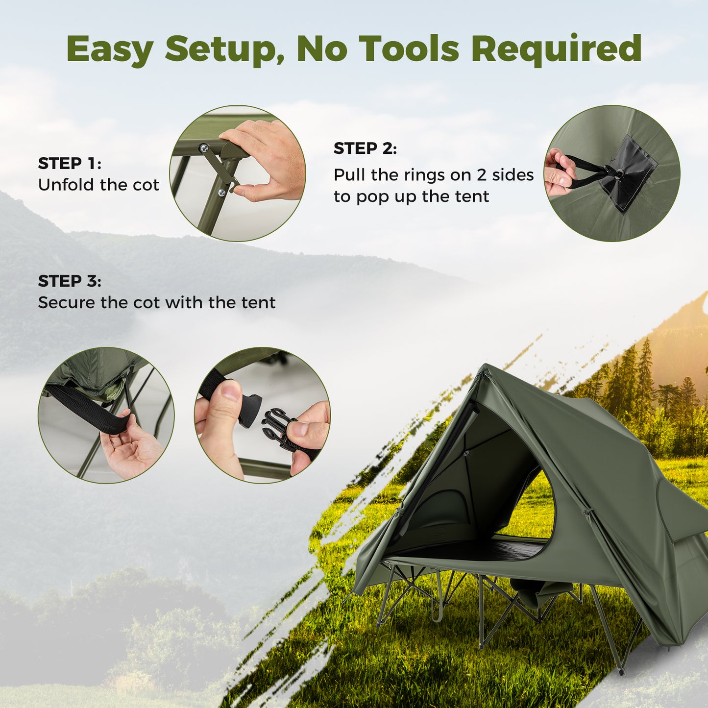 2-Person Camping Cot Tent for Adults with Pop-up Tent Shelter-Green