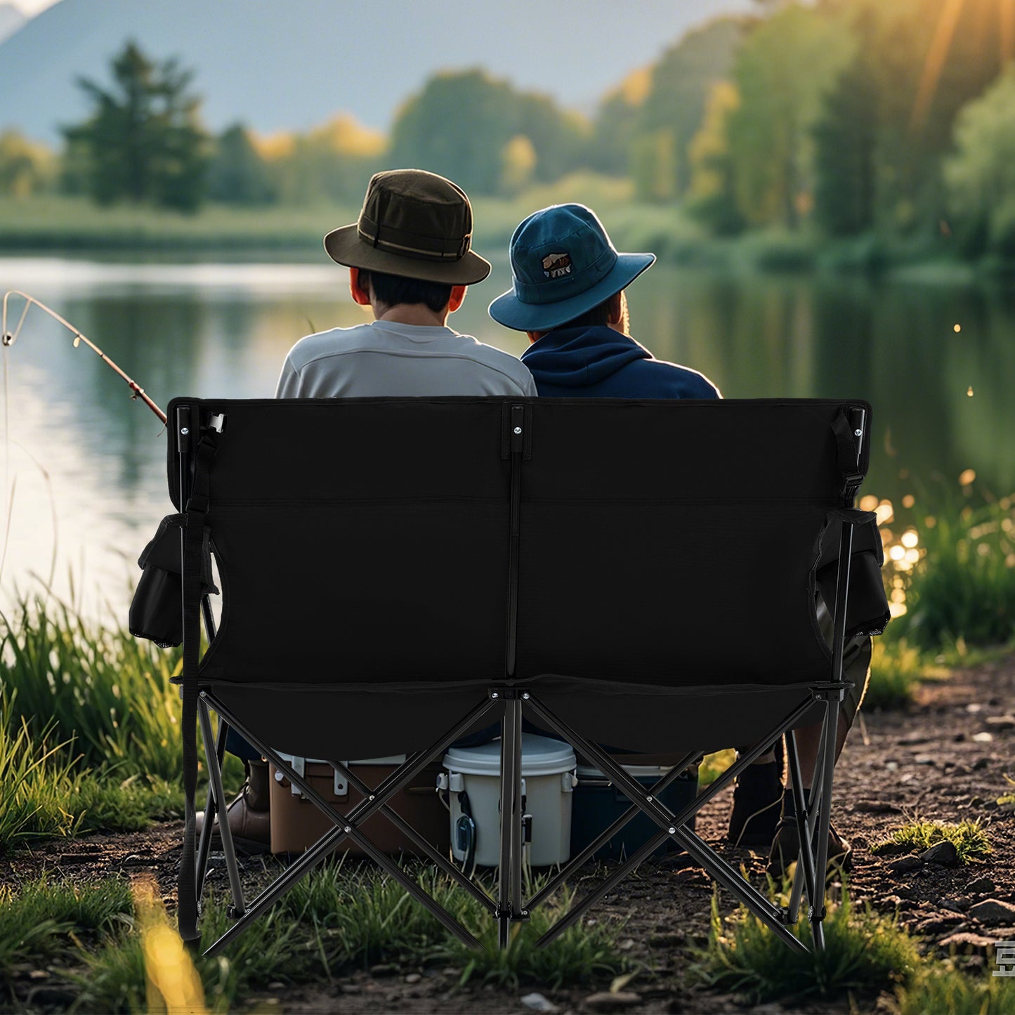 Double Camping Chair 2-Person Outdoor Folding Love seat with Cup Holders-Black