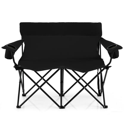 Double Camping Chair 2-Person Outdoor Folding Love seat with Cup Holders-Black