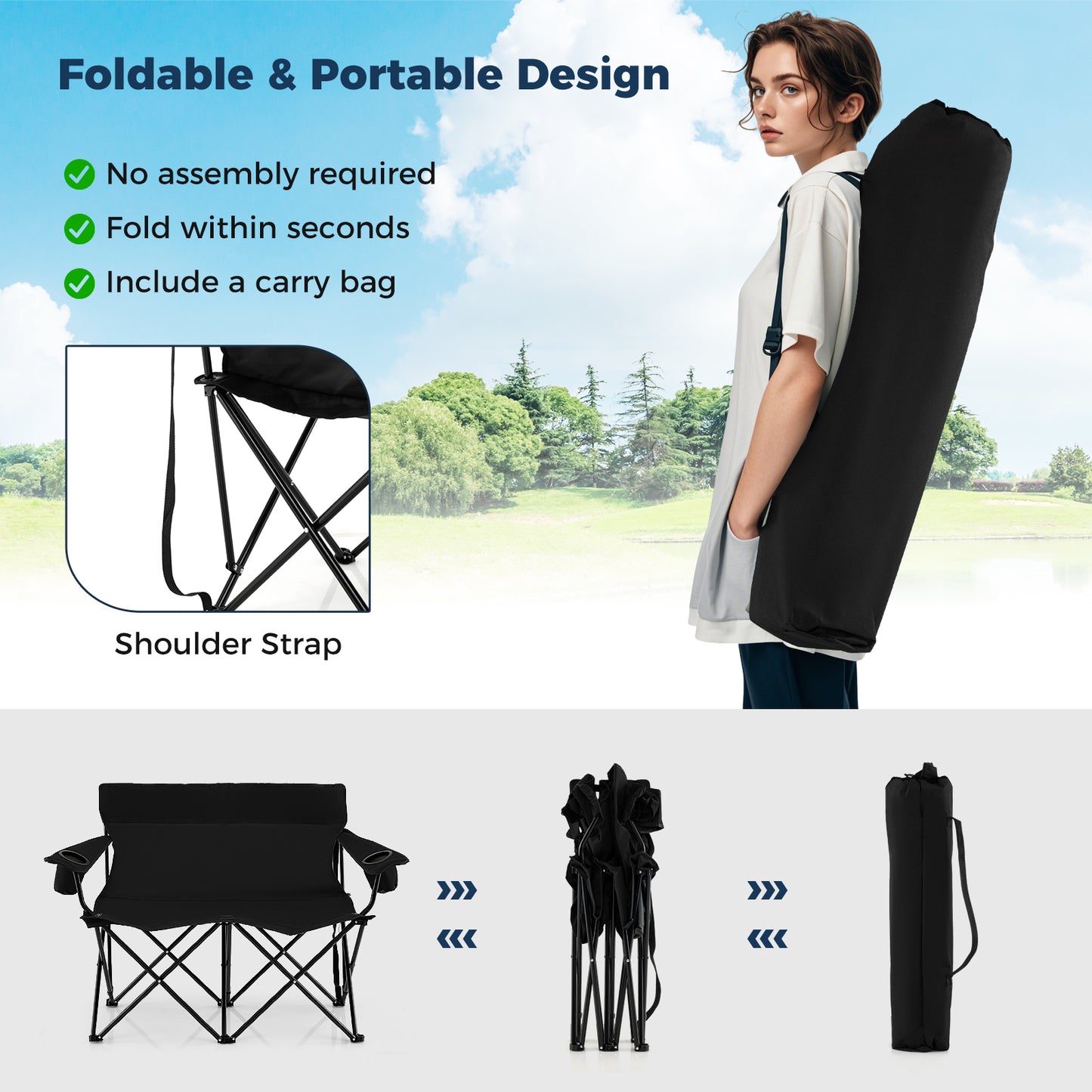Double Camping Chair 2-Person Outdoor Folding Love seat with Cup Holders-Black
