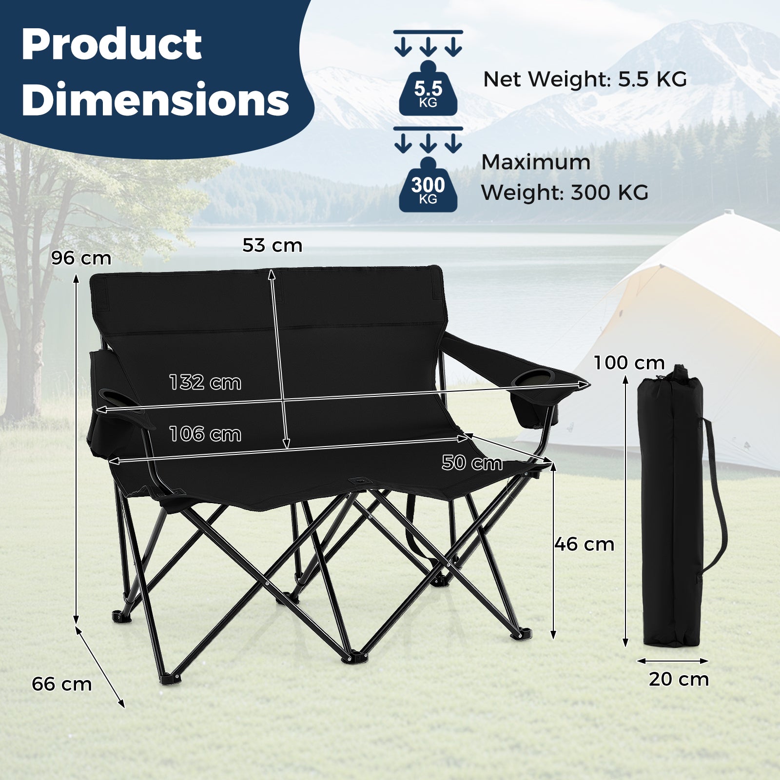 Double Camping Chair 2-Person Outdoor Folding Love seat with Cup Holders-Black