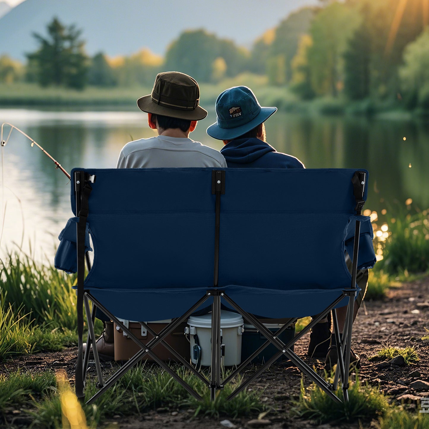 Double Camping Chair 2-Person Outdoor Folding Love seat with Cup Holders-Blue