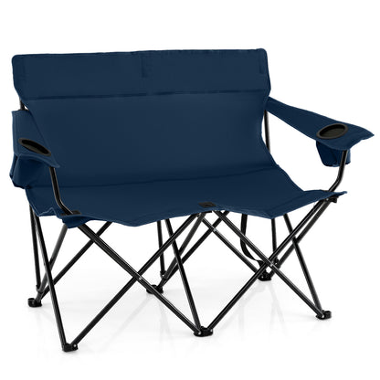 Double Camping Chair 2-Person Outdoor Folding Love seat with Cup Holders-Blue