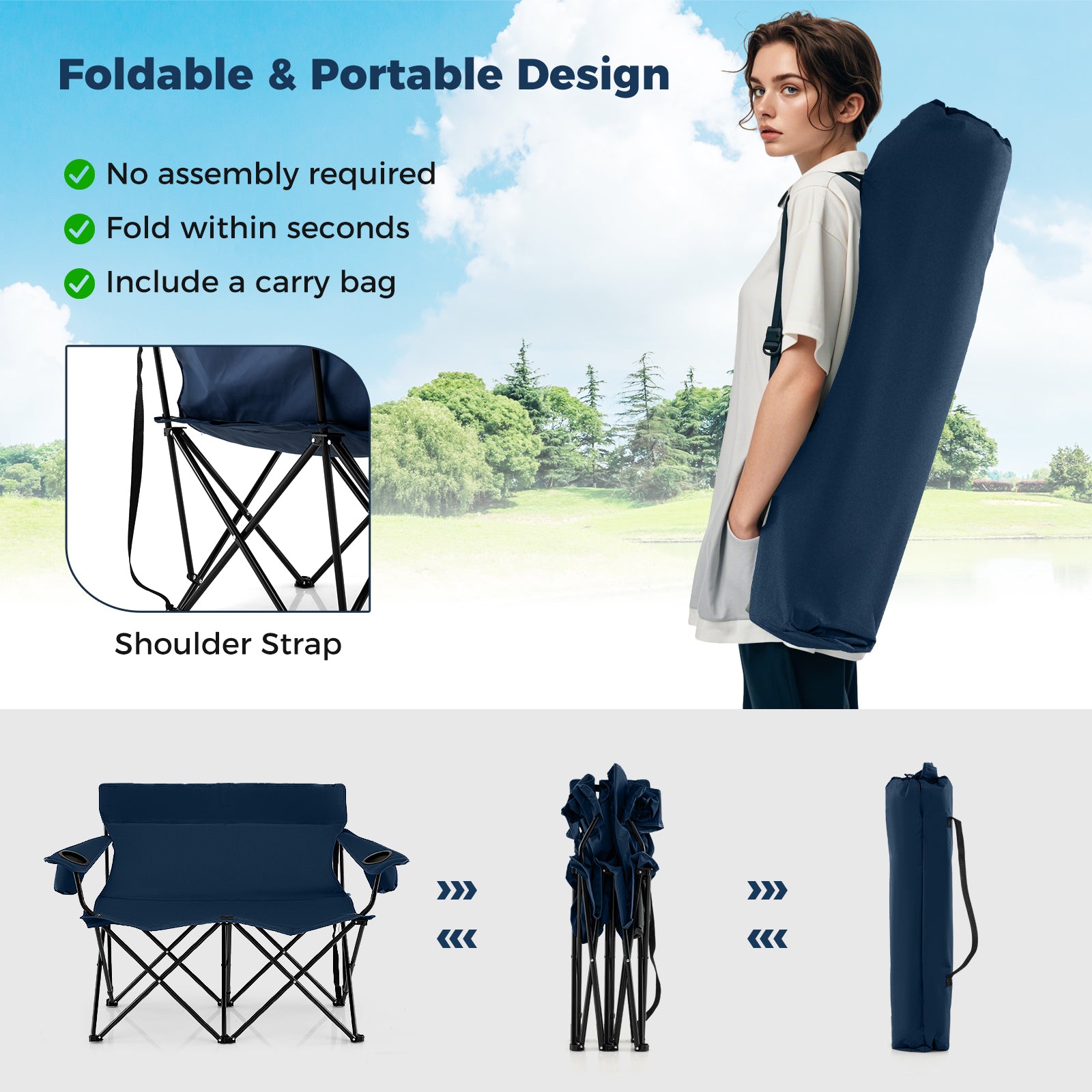 Double Camping Chair 2-Person Outdoor Folding Love seat with Cup Holders-Blue