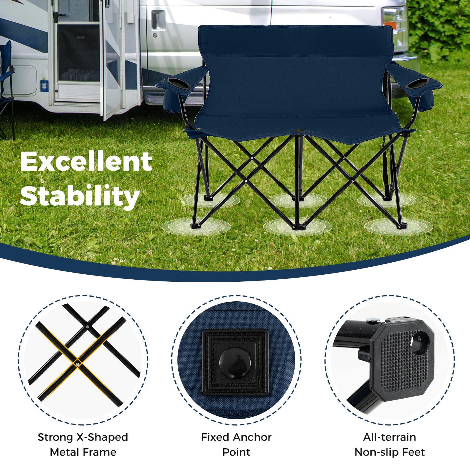 Double Camping Chair 2-Person Outdoor Folding Love seat with Cup Holders-Blue